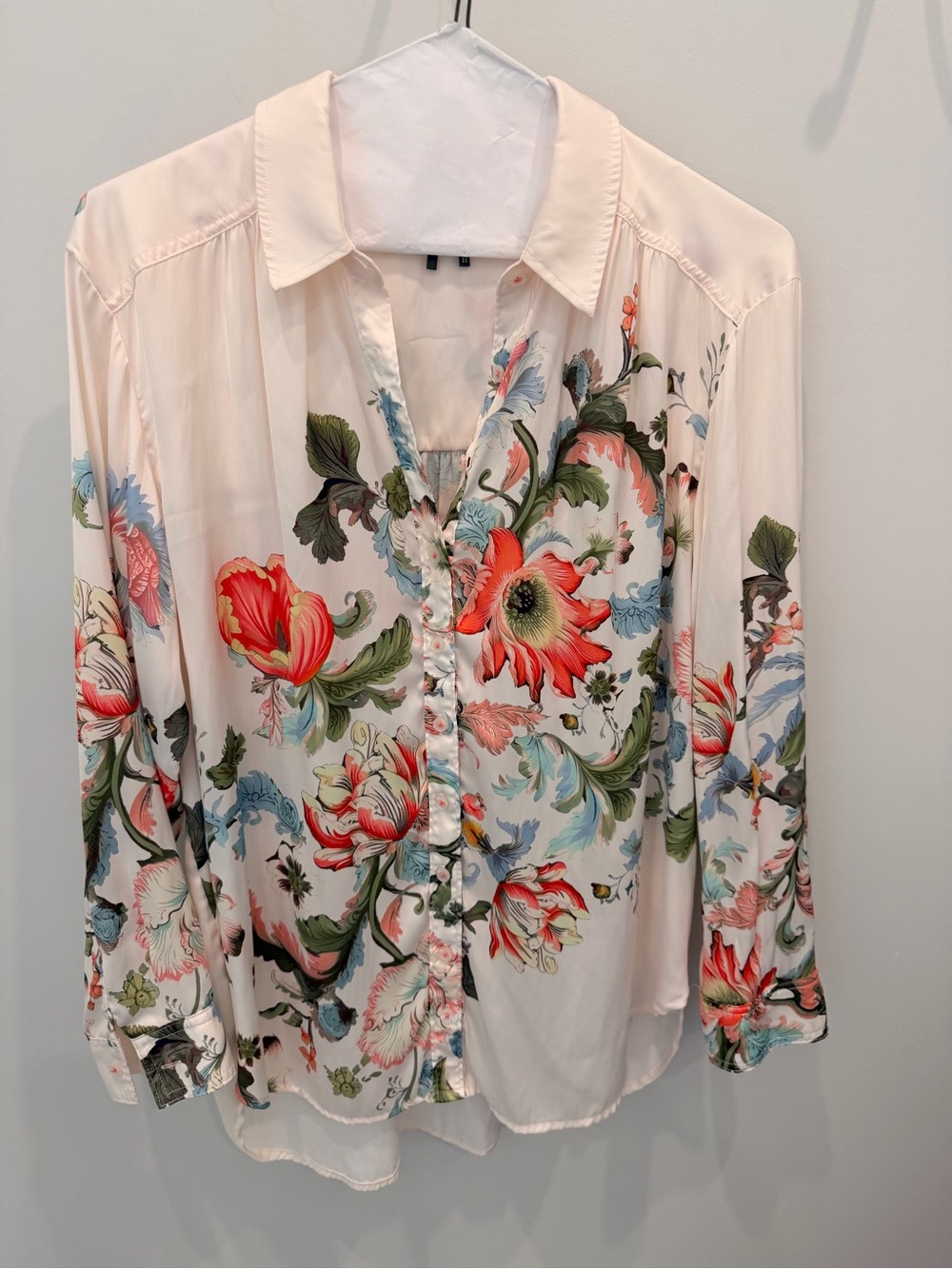Women's Anthropologie SILK Floral Button-Up Blouse- Cream w/ red green blue